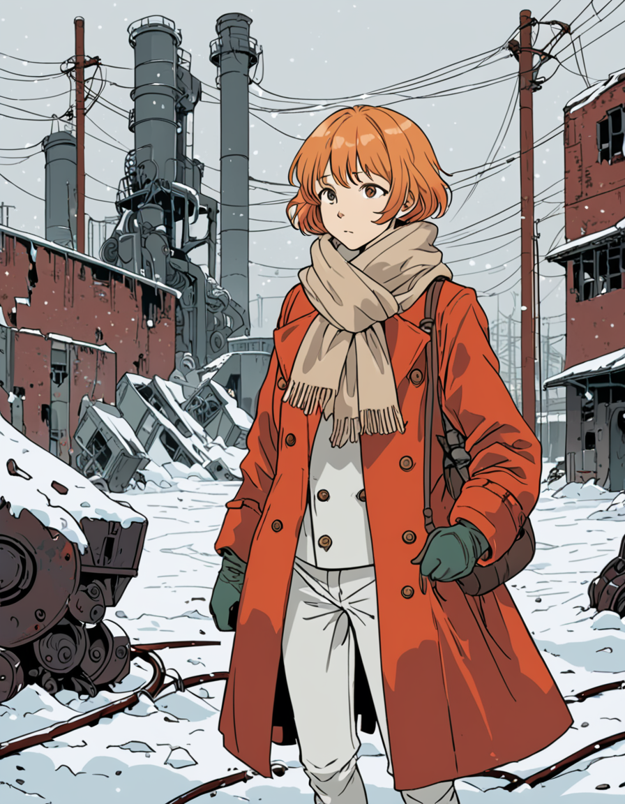 00567-1529737699-(by Studio Ghibli and Alphonse Mucha_1.2), woman standing in deep snow, blonde orange hair, short hair, red double-breasted coat.png